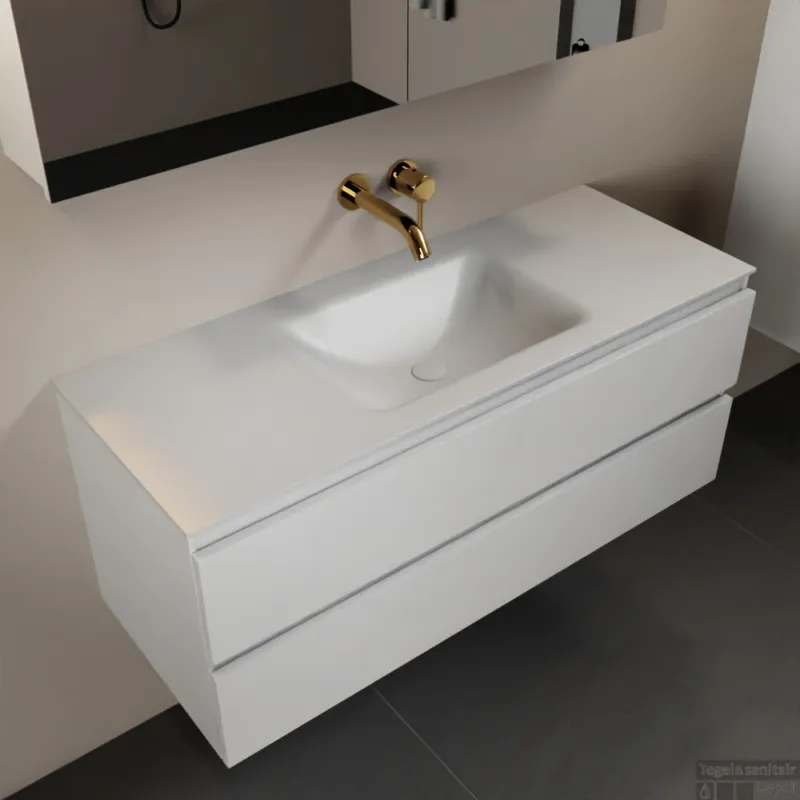 Lage Prijs MONDIAZ AIVY 120cm badmeubel Talc, wastafel Talc solid surface midden zonder kraangat met spiegelkast (AI-351621TALC-NO - AI-M120TAMI - AI-C120TAMI)