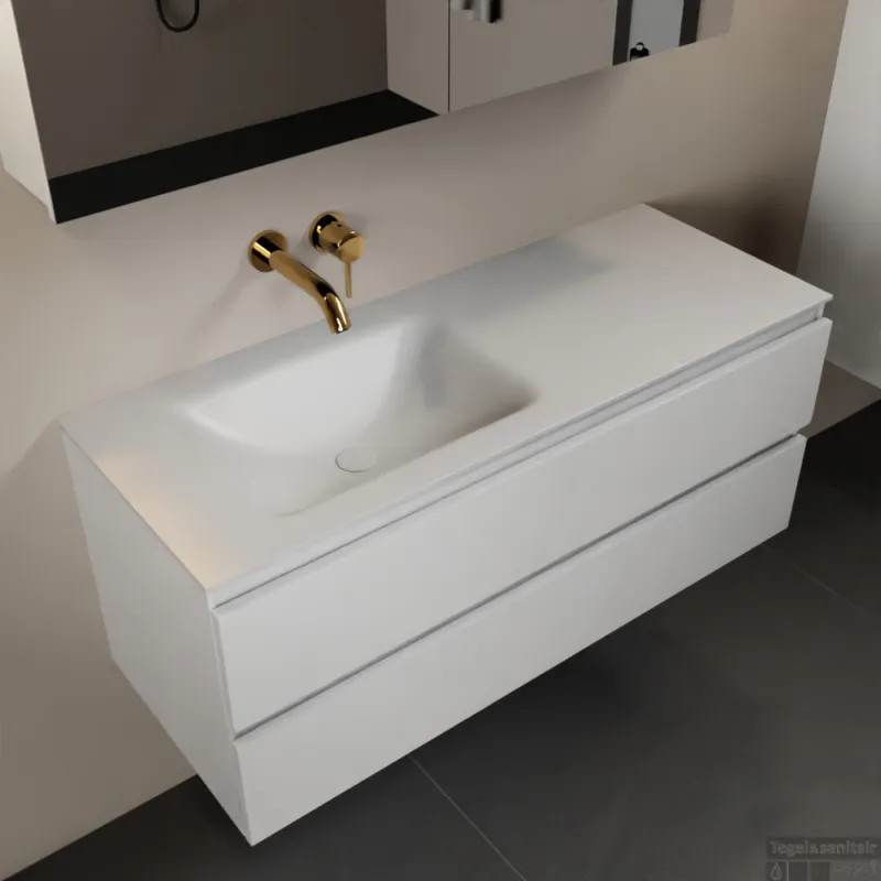 Tijdelijk Beschikbaar MONDIAZ AIVY 120cm badmeubel Talc, wastafel Talc solid surface links zonder kraangat met spiegelkast (AI-351631TALC-NO - AI-M120TALI - AI-C120TAMI)
