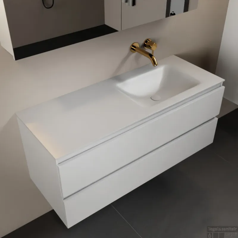 MONDIAZ AIVY 120cm badmeubel Talc, wastafel Talc solid surface rechts zonder kraangat met spiegelkast (AI-351641TALC-NO - AI-M120TARE - AI-C120TAMI) Bestel Nu