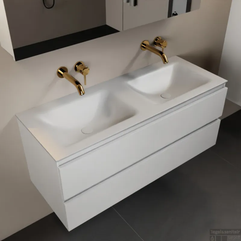 MONDIAZ AIVY 120cm badmeubel Talc, wastafel Talc solid surface dubbel zonder kraangat met spiegelkast (AI-351651TALC-NO - AI-M120TADU - AI-C120TAMI) Hoge Kwaliteit