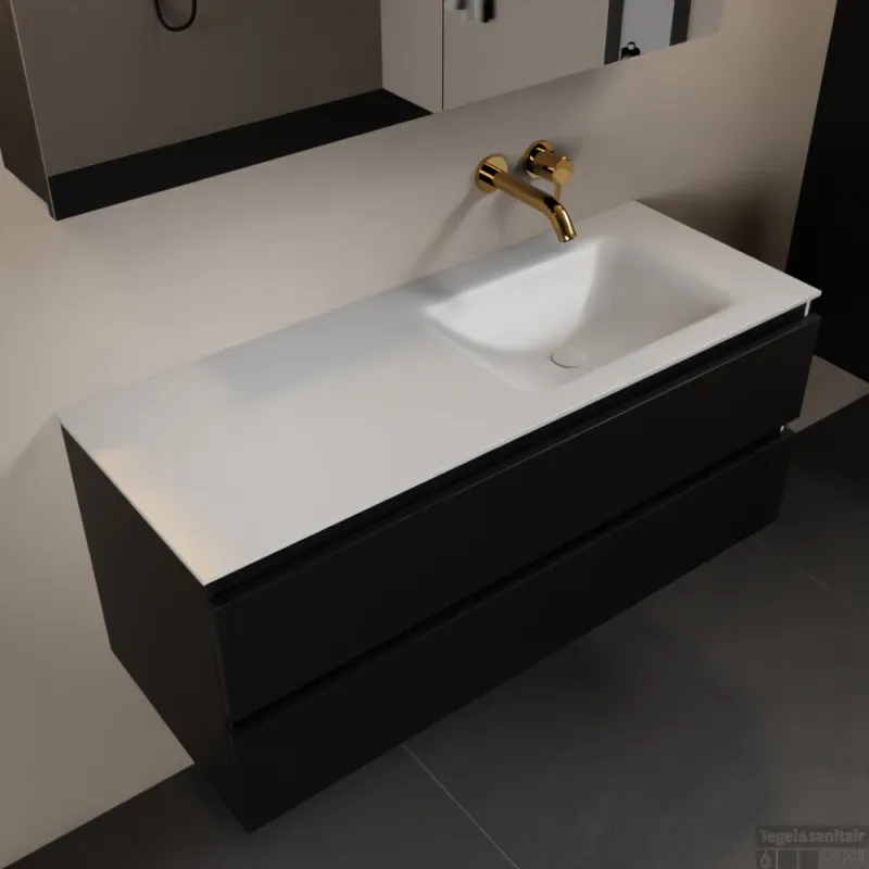 Dagaanbieding MONDIAZ AIVY 120cm badmeubel Urban, wastafel Talc solid surface rechts zonder kraangat met spiegelkast (AI-351641TALC-NO - AI-M120URRE - AI-C120URMI)
