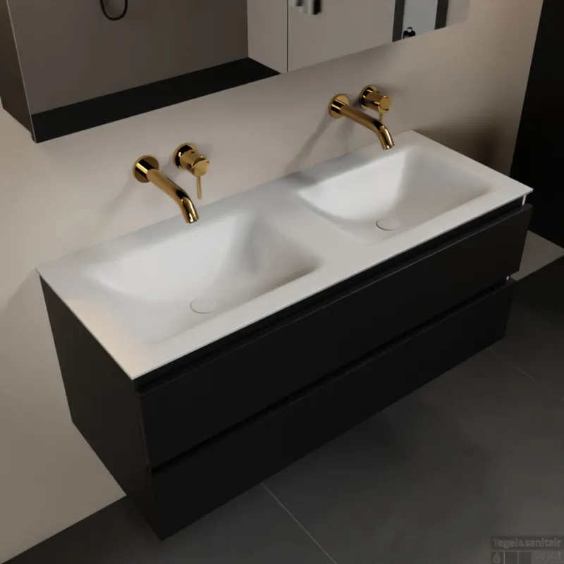 MONDIAZ AIVY 120cm badmeubel Urban, wastafel Talc solid surface dubbel zonder kraangat met spiegelkast (AI-351651TALC-NO - AI-M120URDU - AI-C120URMI) Direct Beschikbaar