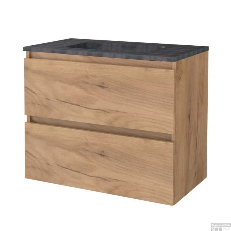 Snelle Levering Badmeubelset BWS Salt 80x46cm Greeploos 2 Lades Met Wastafel Hardsteen Whisky Oak