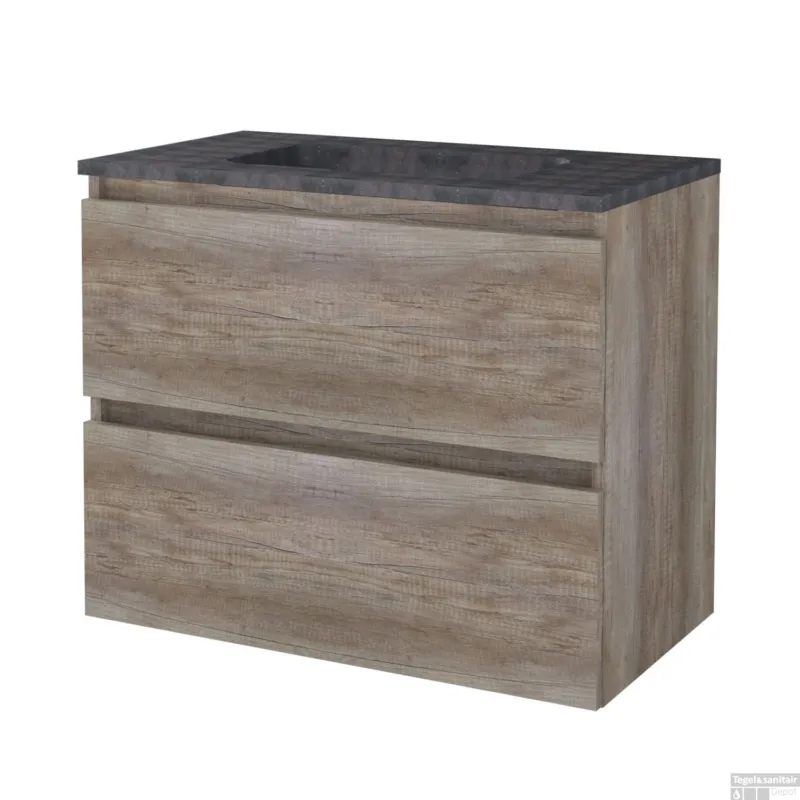Badmeubelset BWS Salt 80x46cm Greeploos 2 Lades Met Wastafel Hardsteen Scotch Oak Aanbieding