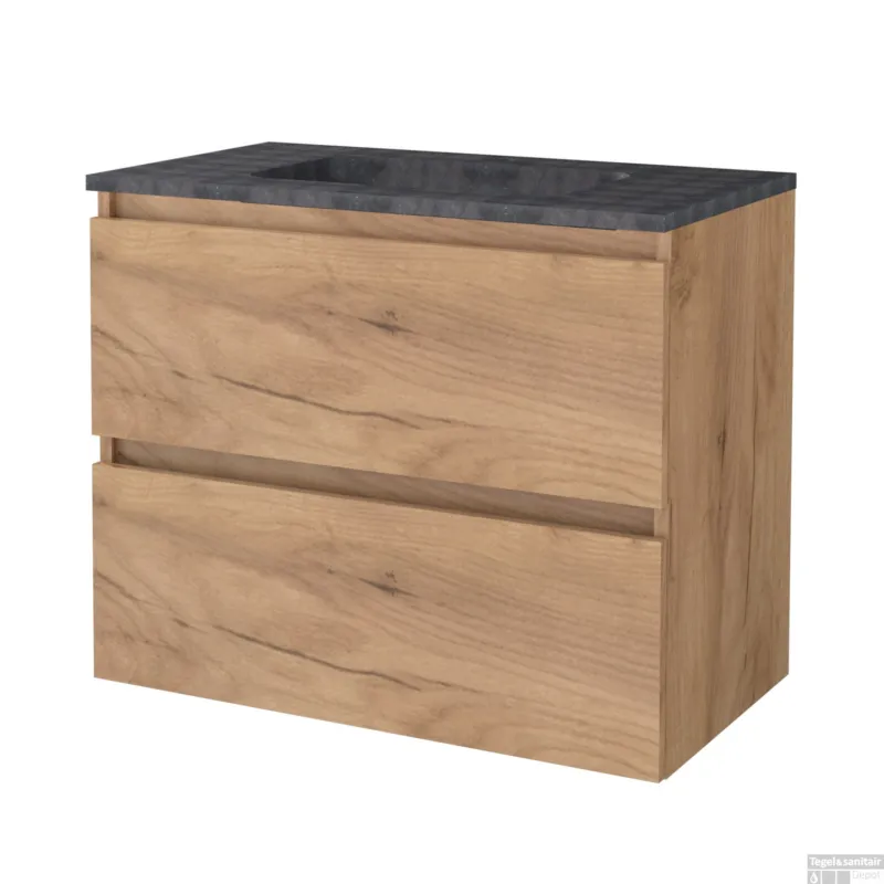 Gecertificeerd Badmeubelset BWS Salt 80x46cm Greeploos 2 Lades Met Wastafel Hardsteen 1 Kraangat Whisky Oak