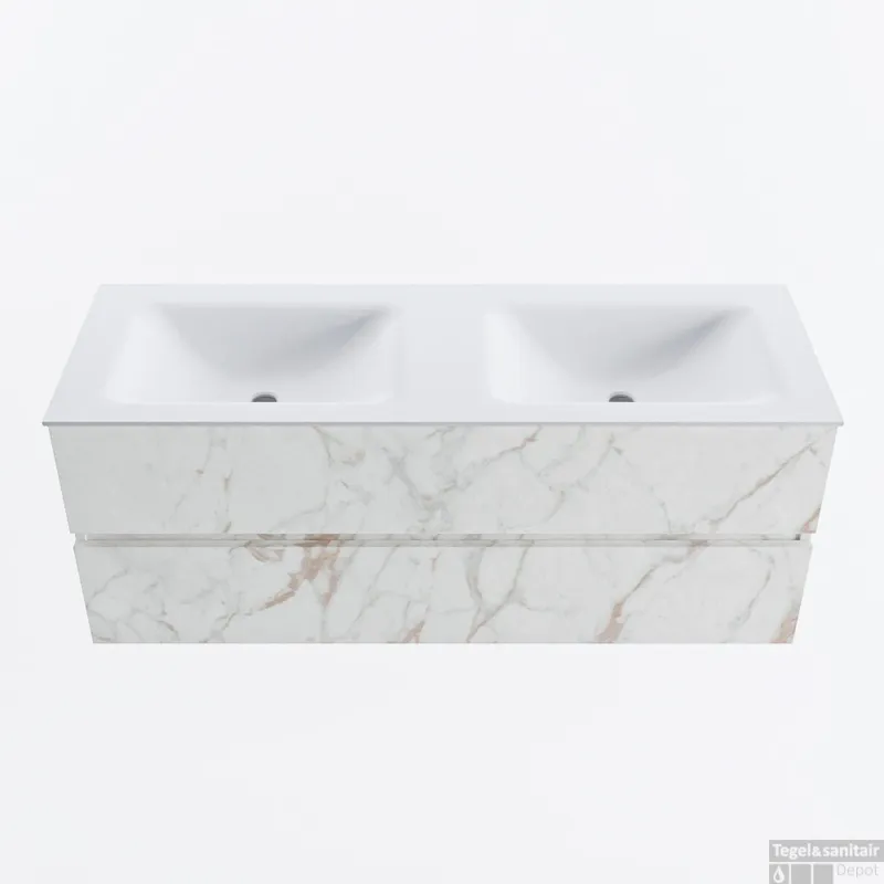 Hete Deal MONDIAZ VICA 130cm badmeubel onderkast Carrara 2 lades. Wastafel CLOUD dubbel 2 kraangaten, kleur Talc.