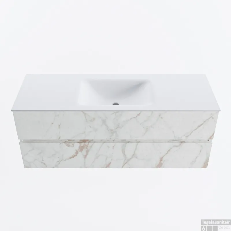 Goedkoop MONDIAZ VICA 130cm badmeubel onderkast Carrara 2 lades. Wastafel CLOUD midden zonder kraangat, kleur Talc.