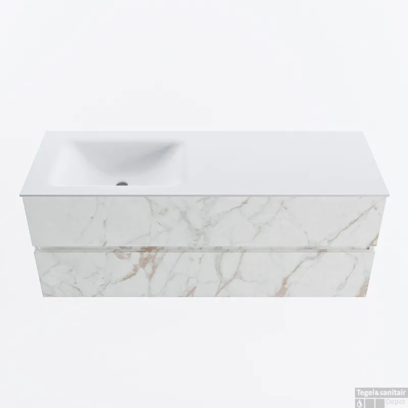 MONDIAZ VICA 130cm badmeubel onderkast Carrara 2 lades. Wastafel CLOUD links zonder kraangat, kleur Talc. Laatste Kans