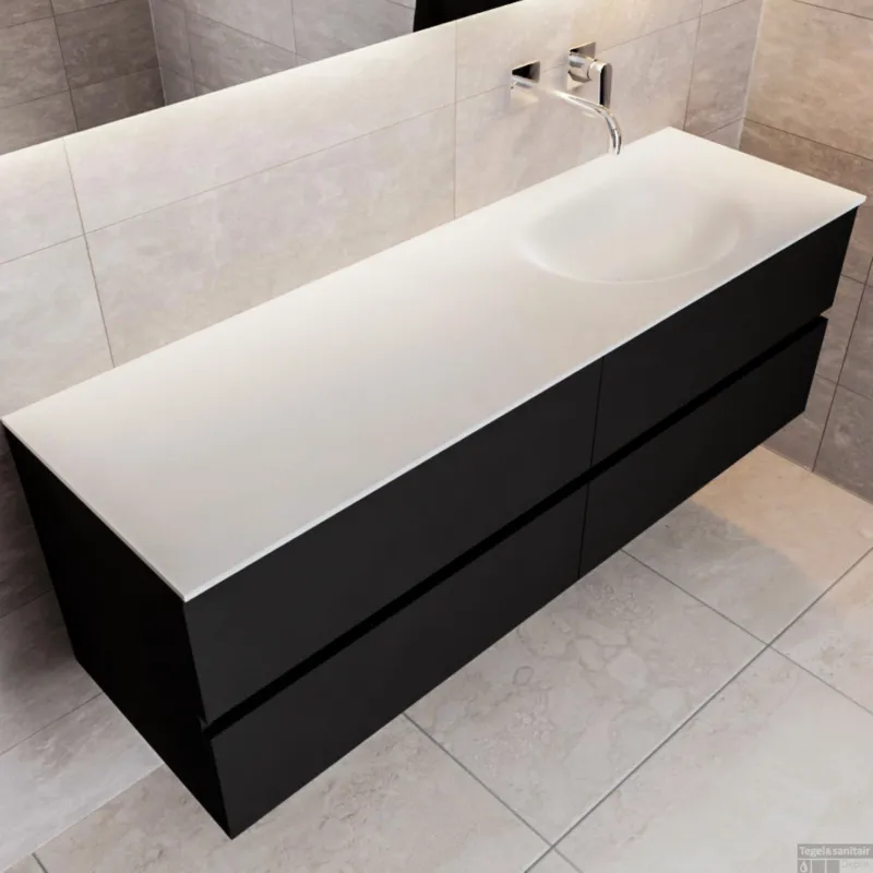 Badkamermeubel Solid Surface BWS Stockholm 150x45 cm Mat Zwart Urban Rechts (0 kraangaten, 4 lades) Gratis Retour