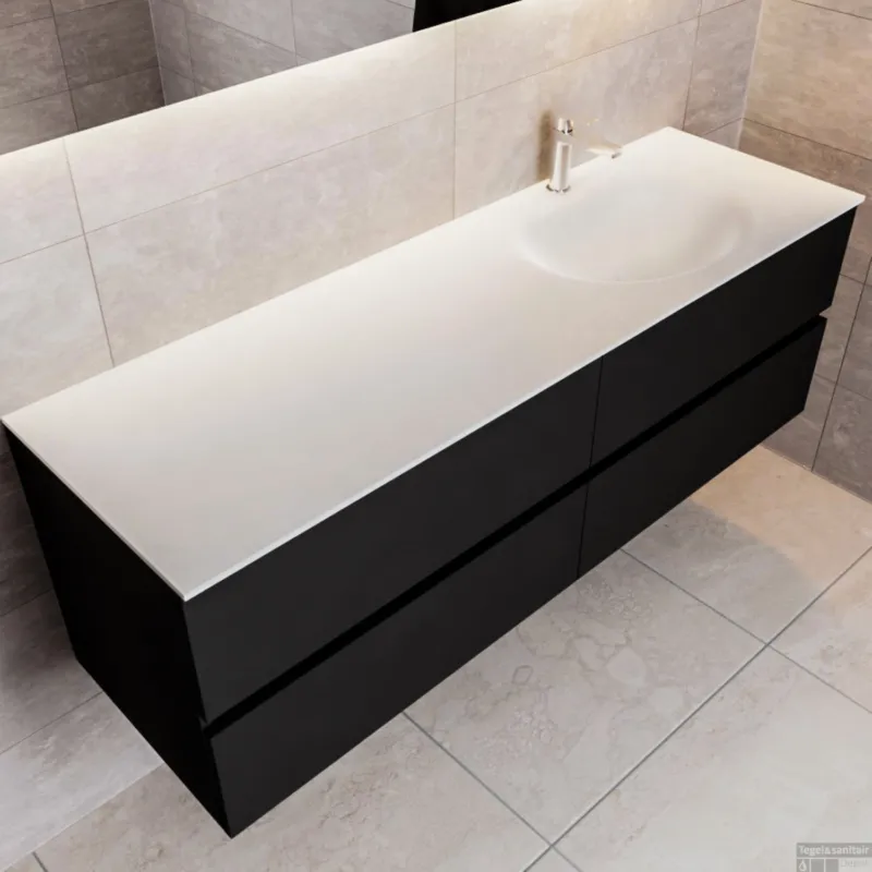 Hoge Kwaliteit Badkamermeubel Solid Surface BWS Stockholm 150x45 cm Mat Zwart Urban Rechts (1 kraangat, 4 lades)