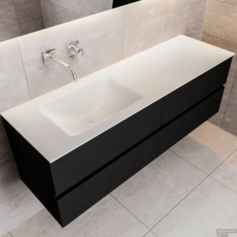 Badkamermeubel Solid Surface BWS Oslo 150x45 cm Mat Zwart Urban Links (0 kraangaten, 4 lades) Express Levering
