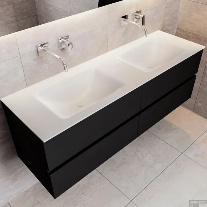Badkamermeubel Solid Surface BWS Oslo 150x45 cm Mat Zwart Urban Dubbel (0 kraangaten, 4 lades) Actieprijs