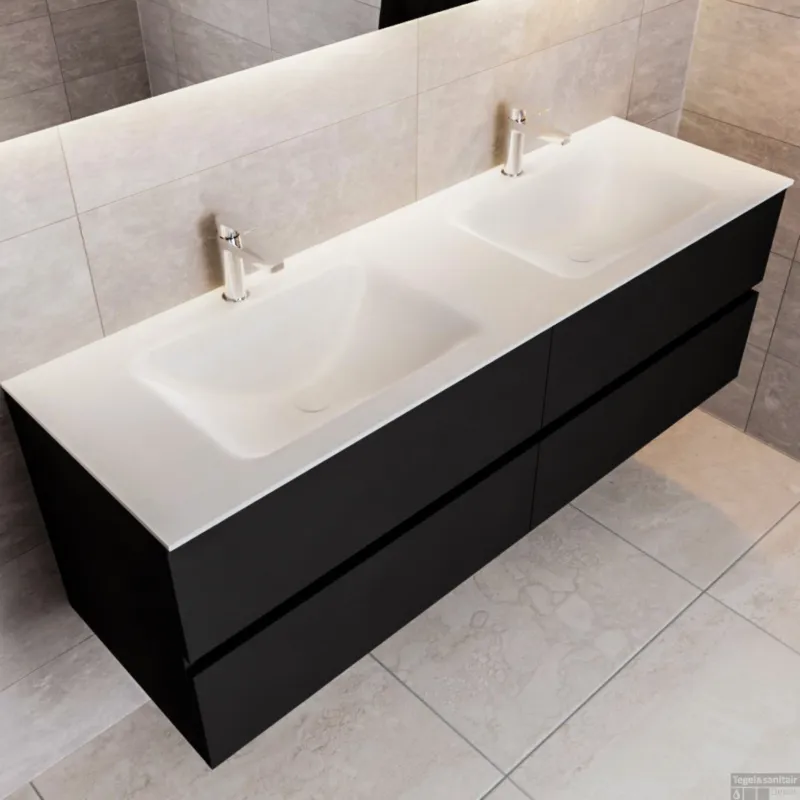 Gereduceerde Prijs Badkamermeubel Solid Surface BWS Oslo 150x45 cm Mat Zwart Urban Dubbel (2 kraangaten, 4 lades)