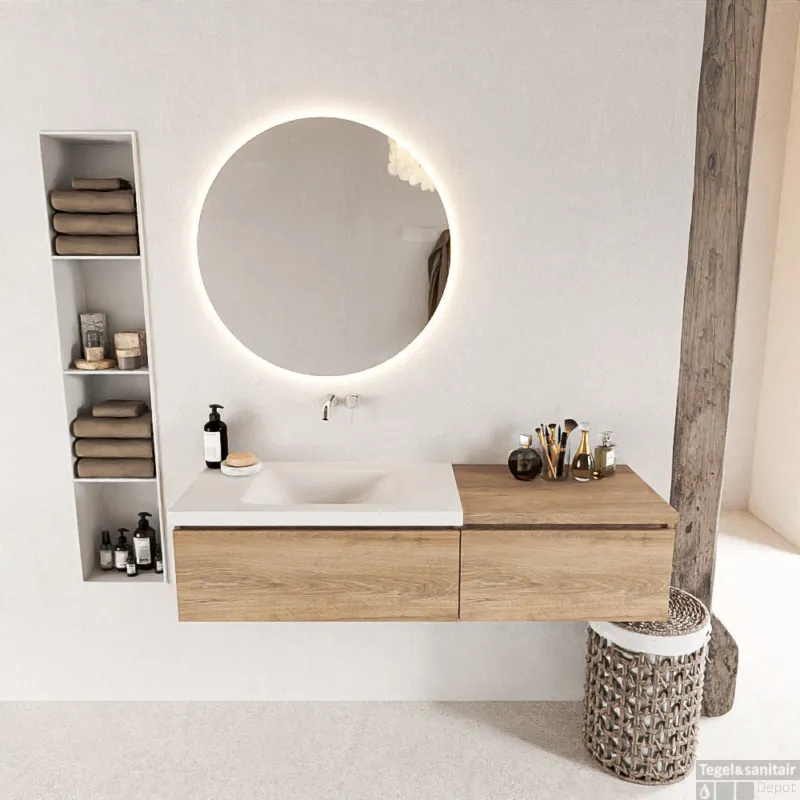 Aanbieding MONDIAZ BUKLA 140cm badmeubel met module 60 kleur Washed Oak met 2 lades. Wastafel CLOUD links 0 kraangaten kleur Talc.