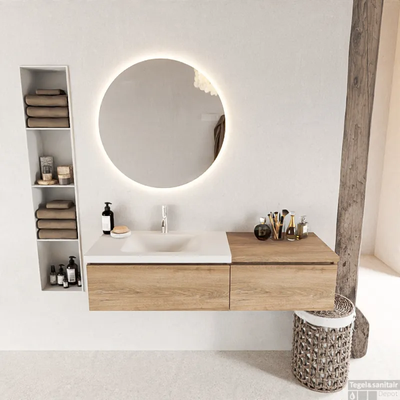 Meest Verkocht MONDIAZ BUKLA 140cm badmeubel met module 60 kleur Washed Oak met 2 lades. Wastafel CLOUD links 1 kraangat kleur Talc.