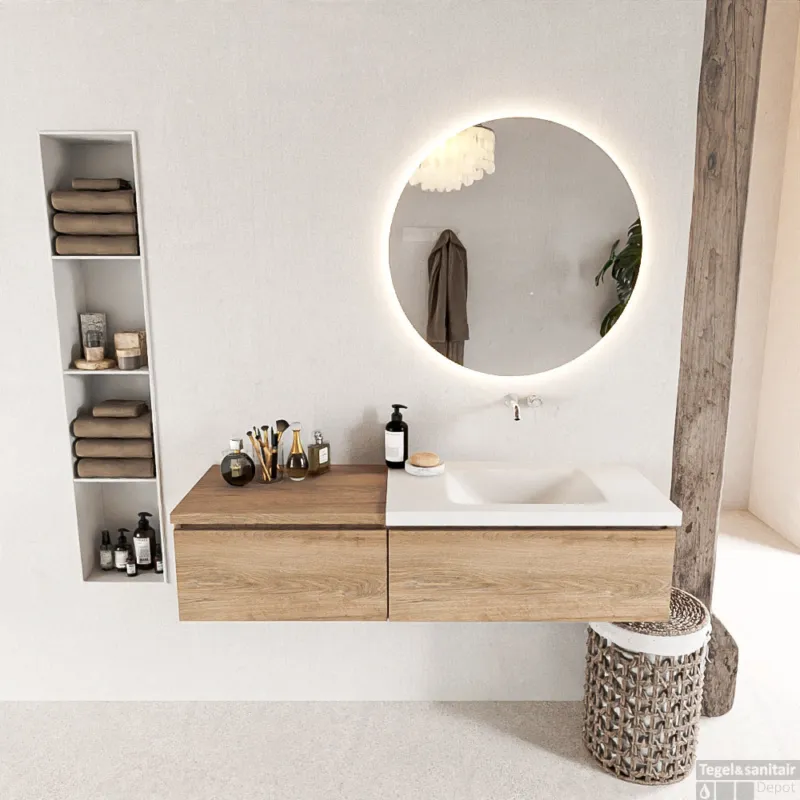Korting MONDIAZ BUKLA 140cm badmeubel met module 60 kleur Washed Oak met 2 lades. Wastafel CLOUD rechts 0 kraangaten kleur Talc.