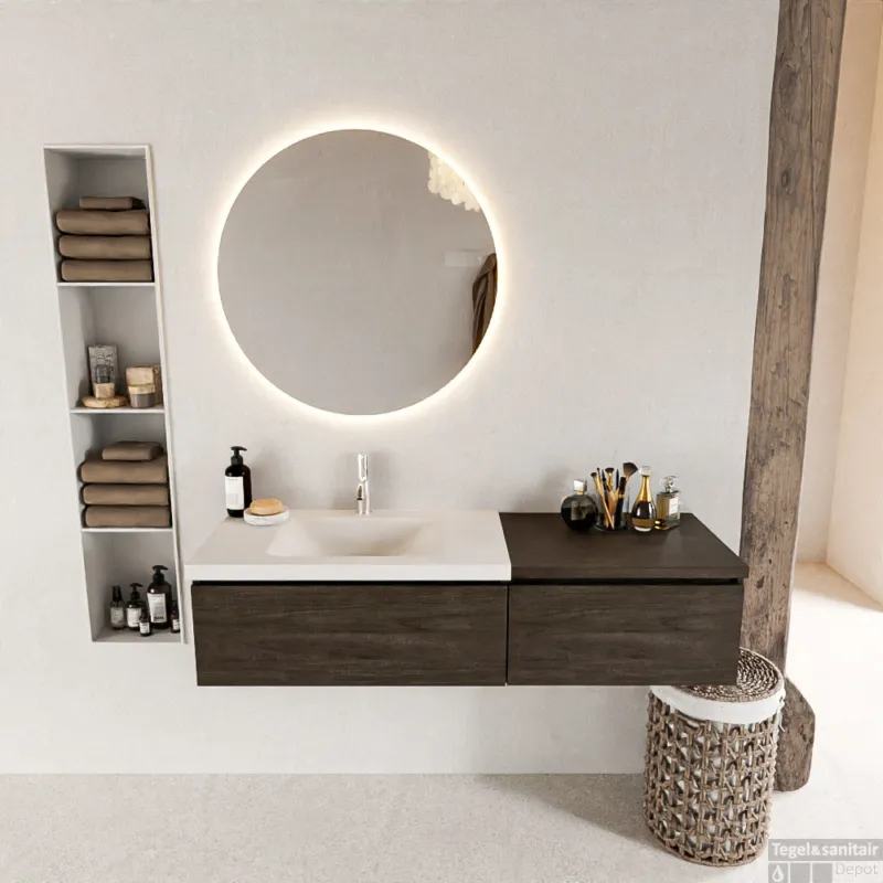 MONDIAZ BUKLA 140cm badmeubel met module 60 kleur Dark Brown met 2 lades. Wastafel CLOUD links 1 kraangat kleur Talc. Beste Prijs