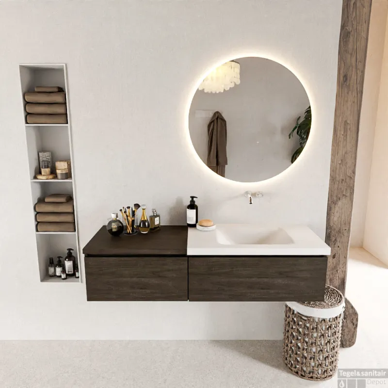 Speciale Aanbieding MONDIAZ BUKLA 140cm badmeubel met module 60 kleur Dark Brown met 2 lades. Wastafel CLOUD rechts 0 kraangaten kleur Talc.