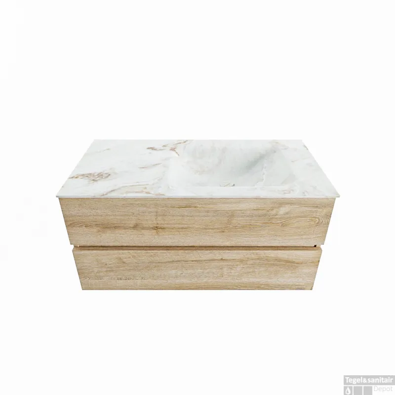 Beperkte Voorraad MONDIAZ VICA-DLUX 100cm badmeubel onderkast Washed Oak 2 lades. Inbouw wastafel CLOUD rechts zonder kraangat, kleur Frappe.
