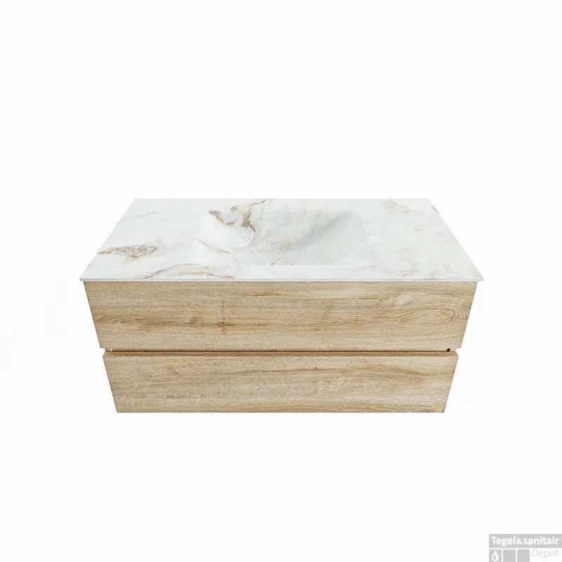 MONDIAZ VICA-DLUX 100cm badmeubel onderkast Washed Oak 2 lades. Inbouw wastafel CLOUD midden 1 kraangat, kleur Frappe. Gereduceerde Prijs