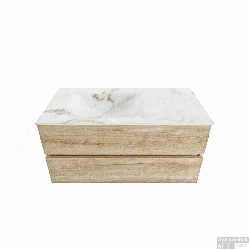 Nu Kopen MONDIAZ VICA-DLUX 100cm badmeubel onderkast Washed Oak 2 lades. Inbouw wastafel CLOUD links 1 kraangat, kleur Frappe.