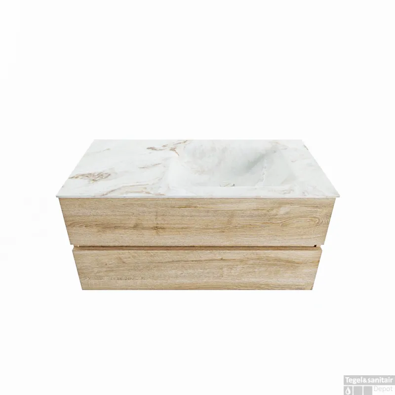 MONDIAZ VICA-DLUX 100cm badmeubel onderkast Washed Oak 2 lades. Inbouw wastafel CLOUD rechts 1 kraangat, kleur Frappe. Goedkoop