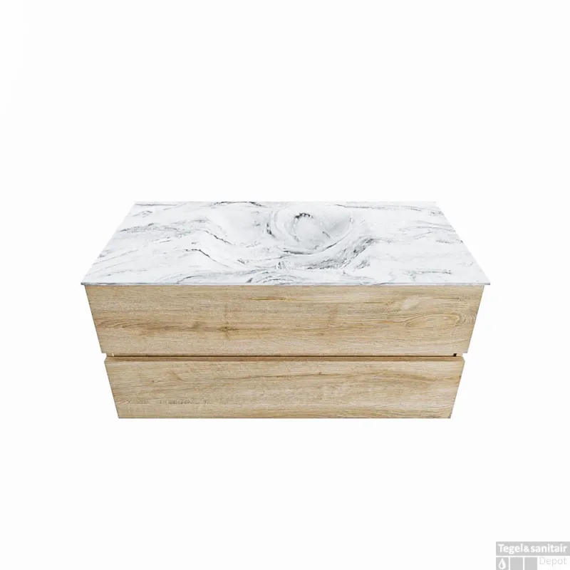 Alleen Vandaag MONDIAZ VICA-DLUX 100cm badmeubel onderkast Washed Oak 2 lades. Inbouw wastafel CLOUD midden zonder kraangat, kleur Glace.