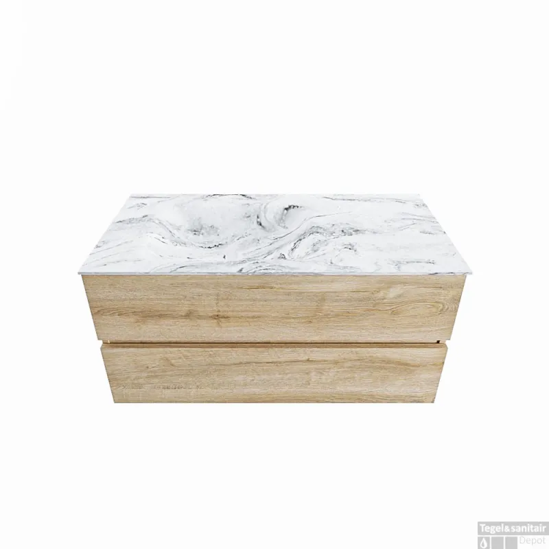 MONDIAZ VICA-DLUX 100cm badmeubel onderkast Washed Oak 2 lades. Inbouw wastafel CLOUD links zonder kraangat, kleur Glace. Actieprijs