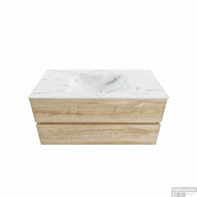 Op = Op MONDIAZ VICA-DLUX 100cm badmeubel onderkast Washed Oak 2 lades. Inbouw wastafel CLOUD midden zonder kraangat, kleur Opalo.