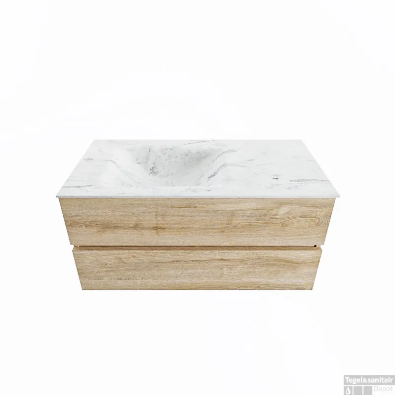 MONDIAZ VICA-DLUX 100cm badmeubel onderkast Washed Oak 2 lades. Inbouw wastafel CLOUD links zonder kraangat, kleur Opalo. Gereduceerde Prijs
