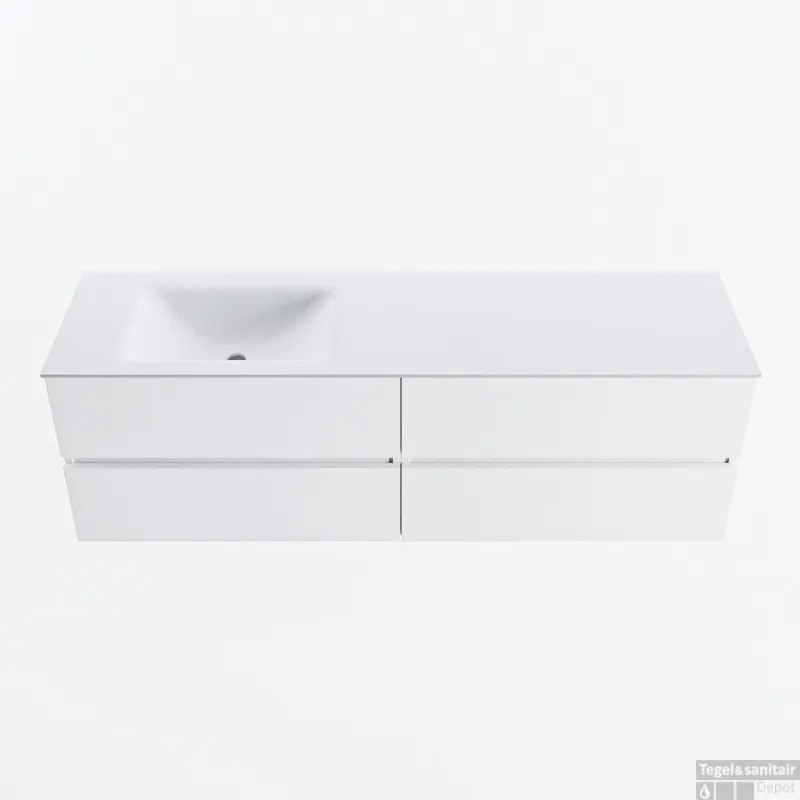 Bestseller MONDIAZ VICA 160cm badmeubel onderkast Talc 4 lades. Wastafel CLOUD links zonder kraangat, kleur Talc.