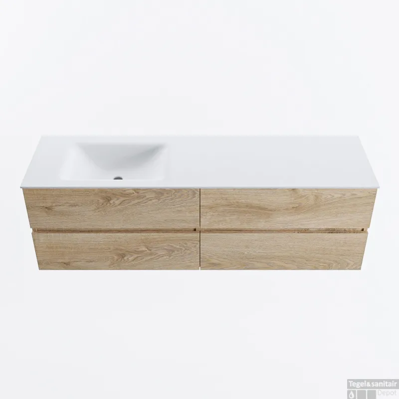 Voordeelprijs MONDIAZ VICA 160cm badmeubel onderkast Washed Oak 4 lades. Wastafel CLOUD links 1 kraangat, kleur Talc.