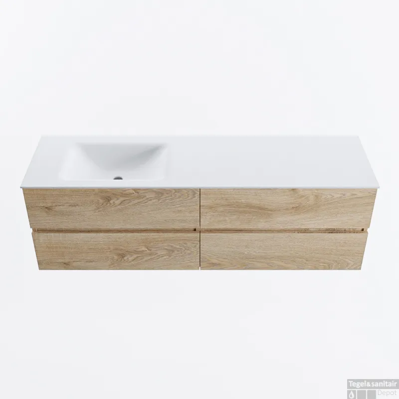 MONDIAZ VICA 160cm badmeubel onderkast Washed Oak 4 lades. Wastafel CLOUD links zonder kraangat, kleur Talc. Must-Have