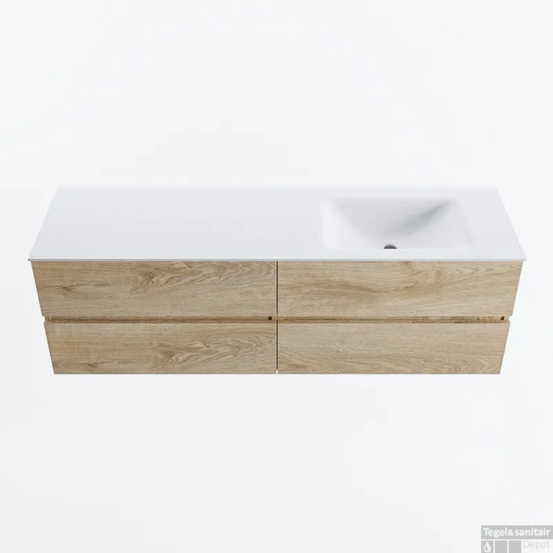 Exclusieve Aanbieding MONDIAZ VICA 160cm badmeubel onderkast Washed Oak 4 lades. Wastafel CLOUD rechts zonder kraangat, kleur Talc.