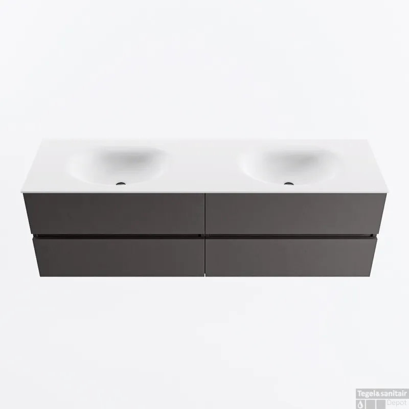 Merkproduct MONDIAZ VICA 160cm badmeubel onderkast Dark Grey 4 lades. Wastafel MOON dubbel zonder kraangat, kleur Talc.