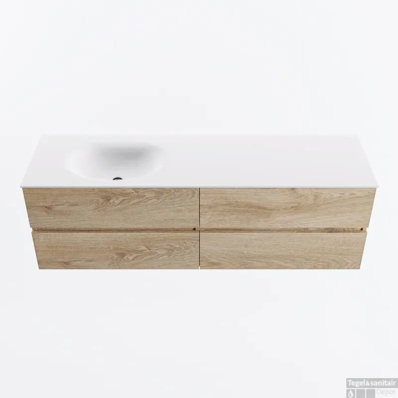 Lage Prijs MONDIAZ VICA 160cm badmeubel onderkast Washed Oak 4 lades. Wastafel MOON links 1 kraangat, kleur Talc.