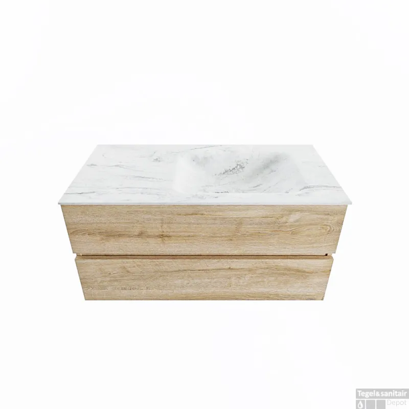 Beperkt Aanbod MONDIAZ VICA-DLUX 100cm badmeubel onderkast Washed Oak 2 lades. Inbouw wastafel CLOUD rechts zonder kraangat, kleur Opalo.