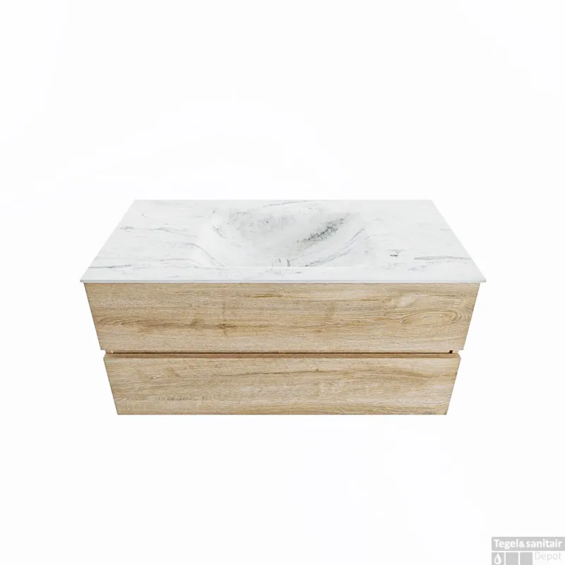 MONDIAZ VICA-DLUX 100cm badmeubel onderkast Washed Oak 2 lades. Inbouw wastafel CLOUD midden 1 kraangat, kleur Opalo. Betrouwbaar