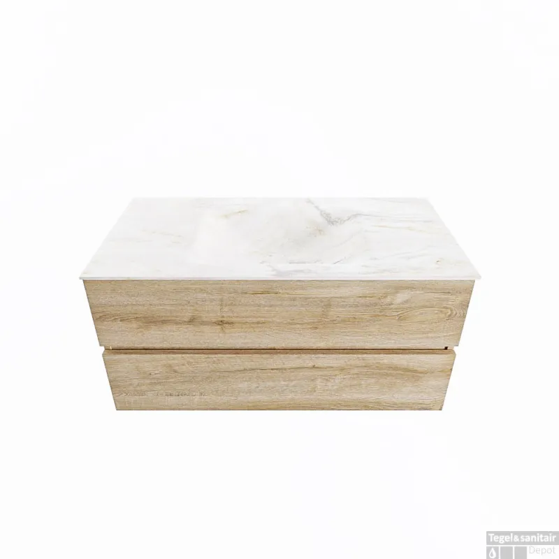 Betaalbaar MONDIAZ VICA-DLUX 100cm badmeubel onderkast Washed Oak 2 lades. Inbouw wastafel CLOUD midden 1 kraangat, kleur Ostra.
