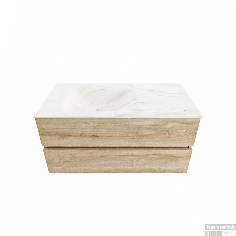 MONDIAZ VICA-DLUX 100cm badmeubel onderkast Washed Oak 2 lades. Inbouw wastafel CLOUD links 1 kraangat, kleur Ostra. Fabrieksprijs