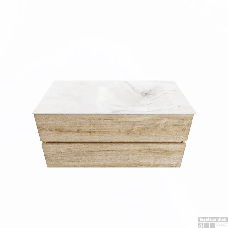 Lage Prijs MONDIAZ VICA-DLUX 100cm badmeubel onderkast Washed Oak 2 lades. Inbouw wastafel CLOUD rechts 1 kraangat, kleur Ostra.