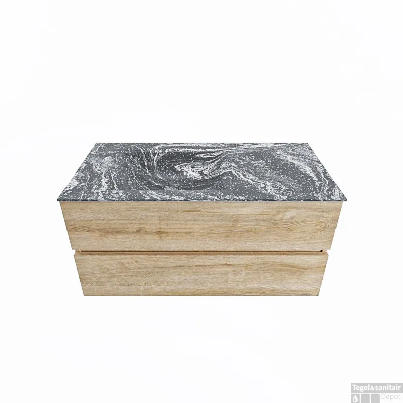 Tijdelijk Beschikbaar MONDIAZ VICA-DLUX 100cm badmeubel onderkast Washed Oak 2 lades. Inbouw wastafel CLOUD links zonder kraangat, kleur Lava.