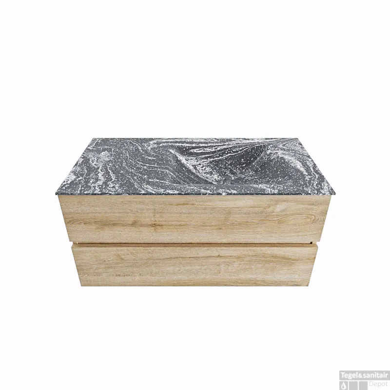 MONDIAZ VICA-DLUX 100cm badmeubel onderkast Washed Oak 2 lades. Inbouw wastafel CLOUD rechts zonder kraangat, kleur Lava. Aanbieding