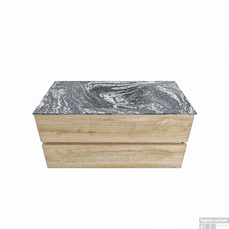 MONDIAZ VICA-DLUX 100cm badmeubel onderkast Washed Oak 2 lades. Inbouw wastafel CLOUD midden 1 kraangat, kleur Lava. Superprijs