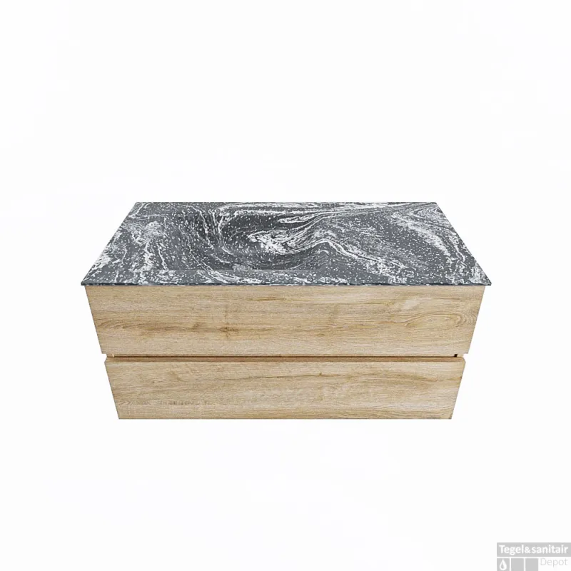 Op = Op MONDIAZ VICA-DLUX 100cm badmeubel onderkast Washed Oak 2 lades. Inbouw wastafel CLOUD links 1 kraangat, kleur Lava.