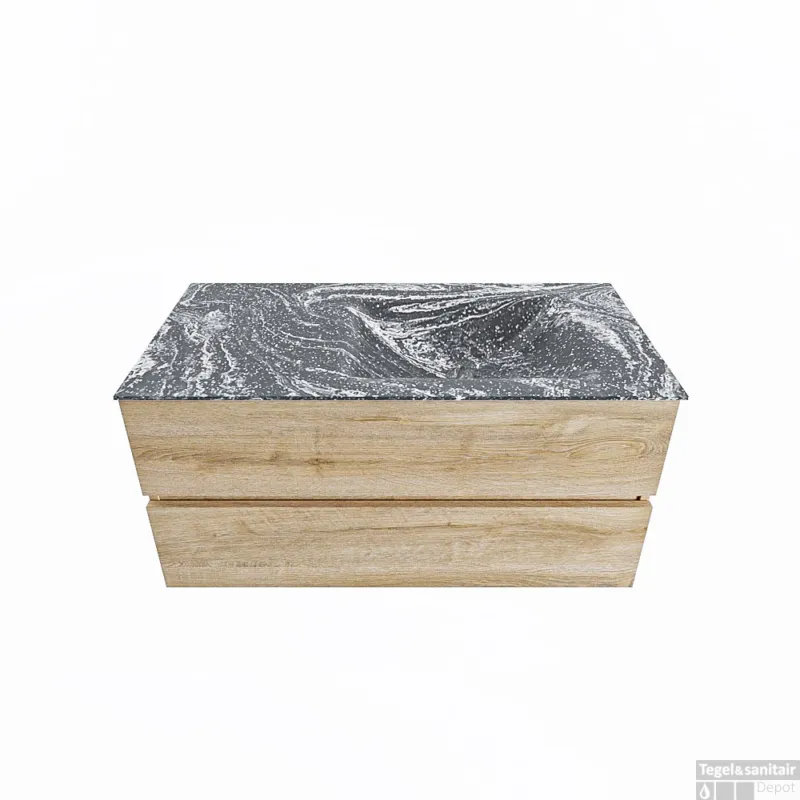 MONDIAZ VICA-DLUX 100cm badmeubel onderkast Washed Oak 2 lades. Inbouw wastafel CLOUD rechts 1 kraangat, kleur Lava. Koopje