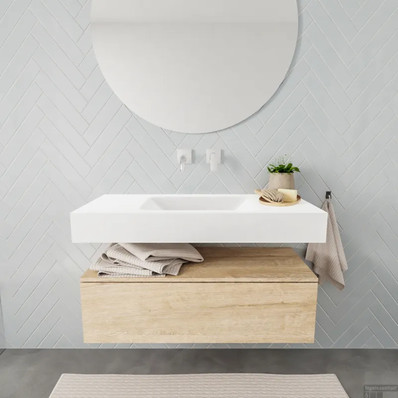Op = Op Badkamermeubel BWS Ibiza 100 cm Washed Oak Solid Surface Wastafel Mat Wit (zes varianten)