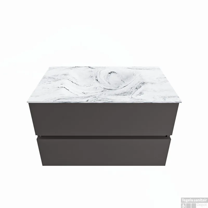 MONDIAZ VICA-DLUX 80cm badmeubel onderkast Dark grey 2 lades. Inbouw wastafel CLOUD midden 1 kraangat, kleur Glace. Flitsaanbieding