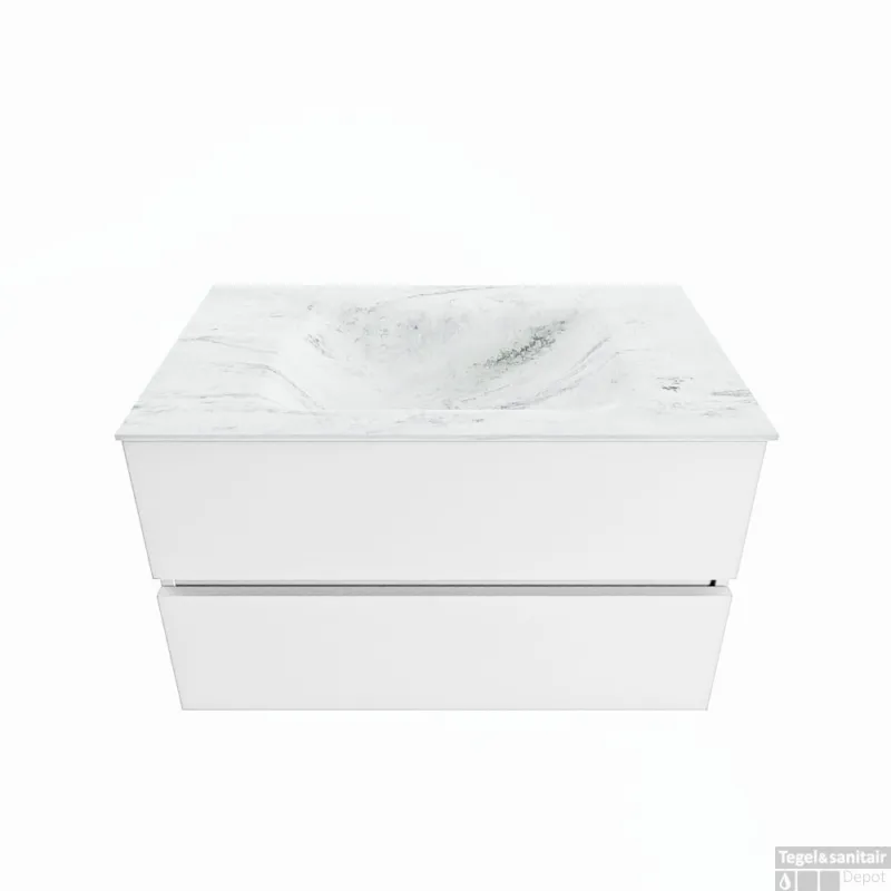 Uitverkoop MONDIAZ VICA-DLUX 80cm badmeubel onderkast Talc 2 lades. Inbouw wastafel CLOUD midden zonder kraangat, kleur Opalo.