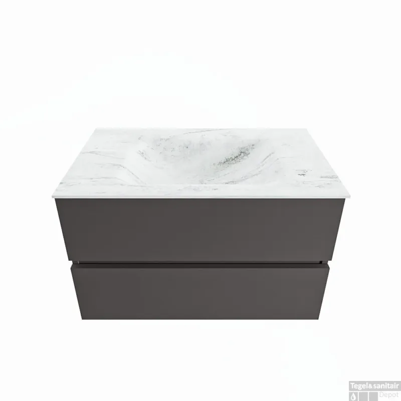 Laatste Versie MONDIAZ VICA-DLUX 80cm badmeubel onderkast Dark grey 2 lades. Inbouw wastafel CLOUD midden 1 kraangat, kleur Opalo.